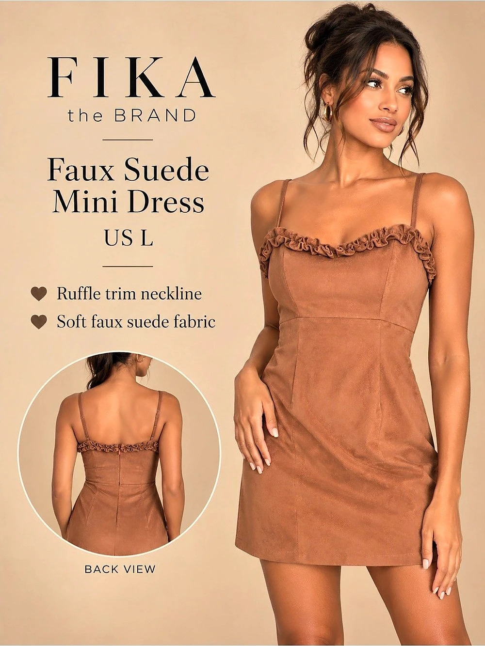 FIKA the BRAND Faux Suede Ruffle Mini Dress Brown Size L